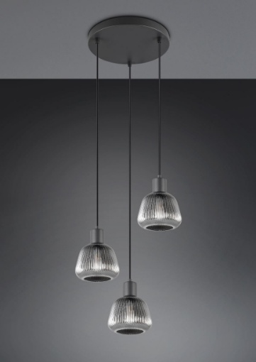 Immagine di Lampadario Rotondo Nero 3 Luci Vetro Rigato Cromo Per Salotto Tarifa Trio Lighting