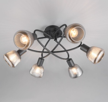 Immagine di Plafoniera Design Nero Con Vetri Cromo Rigati 6 Luci E14 Tarifa Trio Lighting