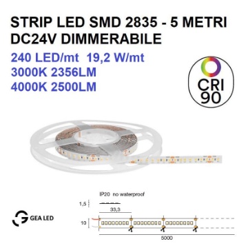 Immagine di Strip Led Dimmerabile 19,2w/mt DC24V 3000K 4000K CRI90 GST172 Gea Led
