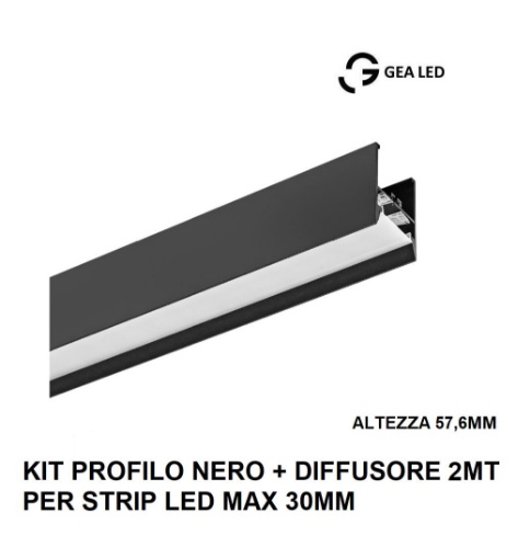 Immagine di Profilo In Alluminio Nero 2Mt Per Strisce Led Max 30mm Rabat GRAPN1 Gea