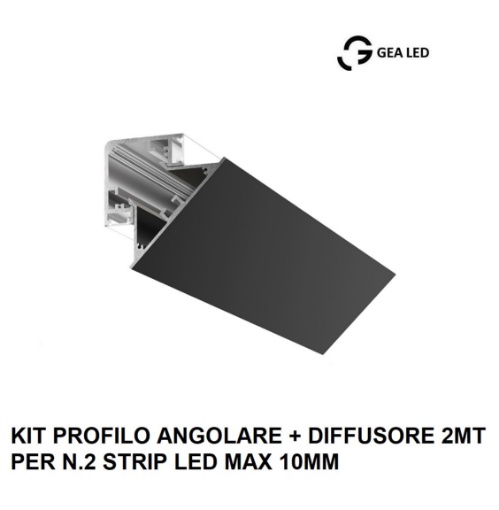 Immagine di Profilo Angolare 2mt Nero Biemissione Per 2 Strip Led max 10 mm Lubiana D Gea Luce