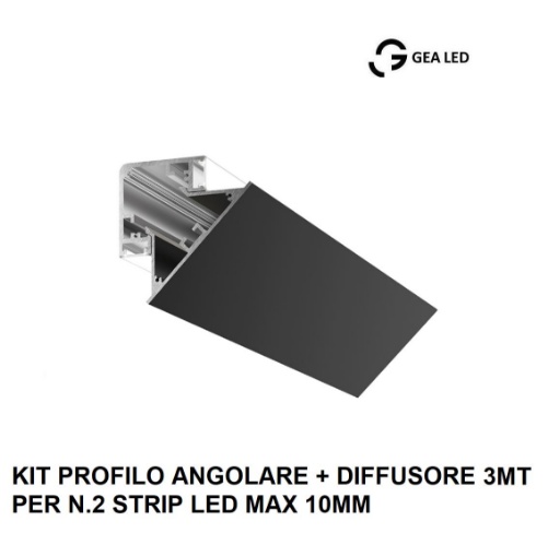 Immagine di Profilo Angolare Biemissione Lubiana D 3mt Nero Per 2 Strip Led max 10 mm Gea Luce