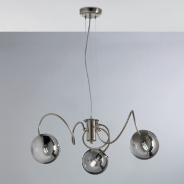 Immagine di Lampadario Bracci Curvi Cromo Con Sfere Vetro Fume Globe 3xE14