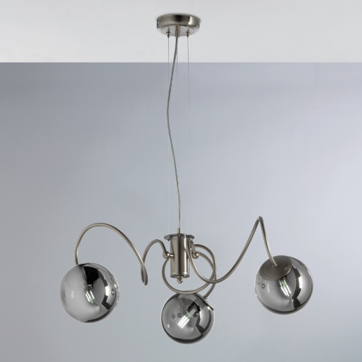 Immagine di Lampadario Bracci Curvi Cromo Con Sfere Vetro Fume Globe 3xE14