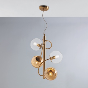 Immagine di Lampadario Verticale Con Sfere Vetro Ambra Trasparente Globe 4xE14