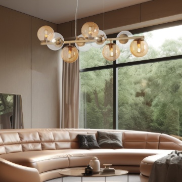 Immagine di Lampadario Da Soggiorno Looper 9 Sfere Vetro Ambra Trasparente