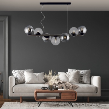 Immagine di Lampadario Orizzontale Nero Con Sfere Vetro Trasparente Fume Loop 7 Luci E14