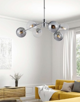 Immagine di Lampadario Salotto Moderno Cromo Con 6 Sfere Fume Trasparenti Little Moon