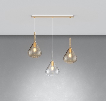 Immagine di Lampadario Binario Ottone 3 Luci Con Vetri Cono Ambra Trasparente Kona Top Light