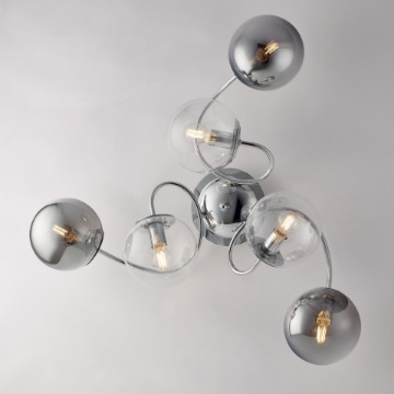 Immagine di Plafoniera Bracci Curvi Cromo Con 6 Sfere Fume Trasparenti Little Moon