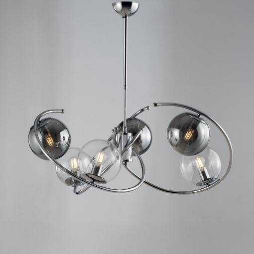 Immagine di Lampadario Anelli Cromo Ring 6 Luci Con Sfere Fume Trasparenti Per Soggiorno Leo Lux