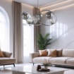 Immagine di Lampadario Anelli Cromo Ring 6 Luci Con Sfere Fume Trasparenti Per Soggiorno Leo Lux