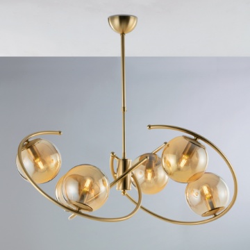 Immagine di Lampadario Archi Dorati Con 6 Sfere Ambra Per Soggiorno Ring Leo Lux