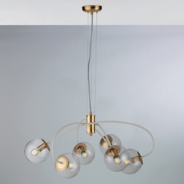 Immagine di Lampadario Da Salotto Oro Bianco Con Sfere Trasparenti Marte Leo Lux