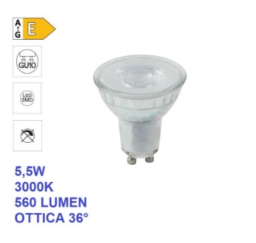 Immagine di Lampadina LED GU10 Vetro 5,5w 3000k Luce Calda Ottica 36° 560 Lumen