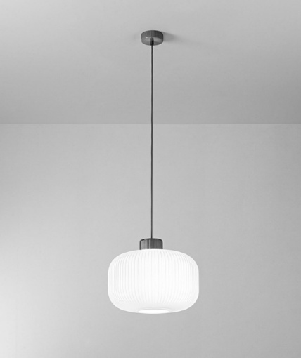 Immagine di Lampadario Lucerna Boccia Vetro Bianco Plissettato 35 cm Perenz