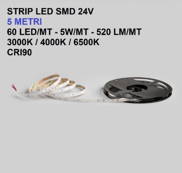 Immagine di Strip Led Smd Bobina 5 Mt 5W/mt 60Led/mt DC24V CRI90 Intec