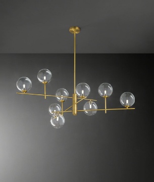 Immagine di Lampadario Soggiorno Ottone Con 9 Sfere Trasparenti Vetro Pyrex Perenz