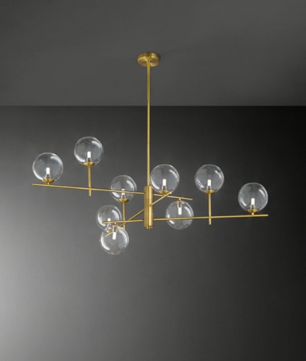 Immagine di Lampadario Soggiorno Ottone Con 9 Sfere Trasparenti Vetro Pyrex Perenz