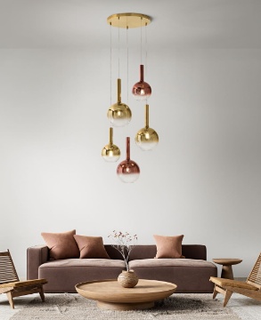 Immagine di Lampadario Lollipop 5 Sfere Vetro Rame Oro Per Soggiorno Perenz