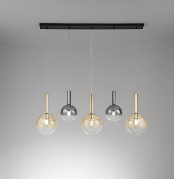 Immagine di Lampadario Lineare Lollipop 5 Luci Sfere Ambra Fumé Specchiato Perenz