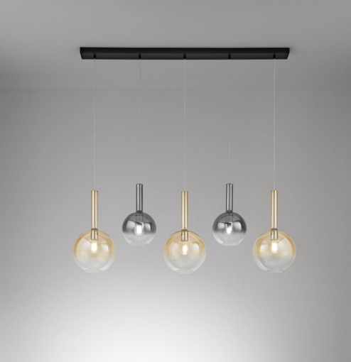 Immagine di Lampadario Lineare Lollipop 5 Luci Sfere Ambra Fumé Specchiato Perenz