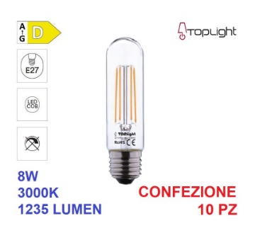 Immagine di Confezione 10 Lampadine Led E27 Vetro Tubolare 8w 3000K 1235Lm Top Light