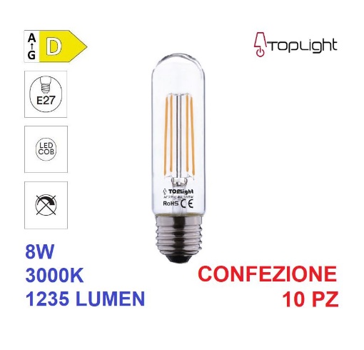 Immagine di Confezione 10 Lampadine Led E27 Vetro Tubolare 8w 3000K 1235Lm Top Light