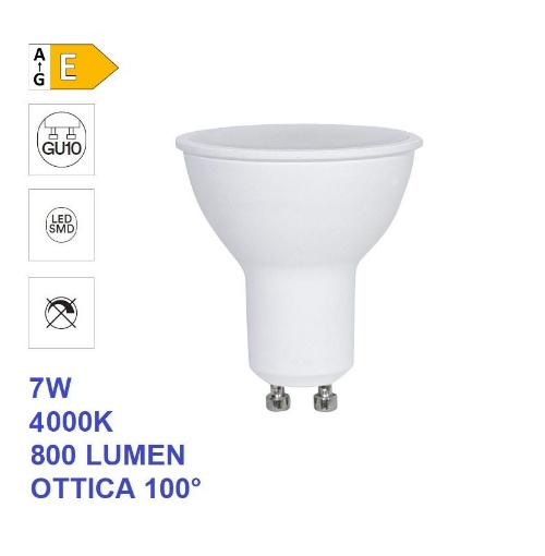 Immagine di Lampadina GU10 LED 7w 4000k 800 Lumen Luce Naturale Ottica 100°