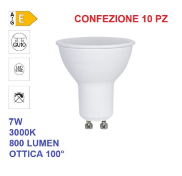 Immagine di Kit n10 Lampadine GU10 LED 7w 3000k Luce Calda 800 Lumen Ottica 100°