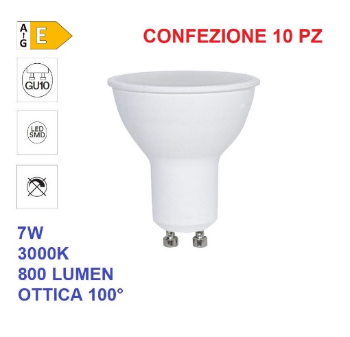 Immagine di Kit n10 Lampadine GU10 LED 7w 3000k Luce Calda 800 Lumen Ottica 100°