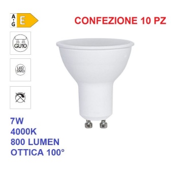 Immagine di Kit 10 Lampadine GU10 LED 7w 4000k 800Lm Luce Naturale - Ottica 100