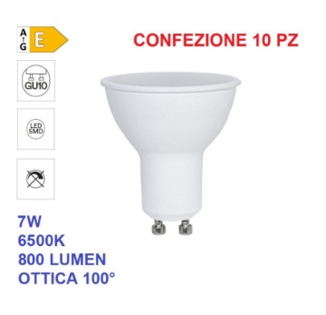 Immagine di Kit 10pz Lampadine GU10 LED 7W 6500k 800Lm Luce Bianca Fredda - Ottica 100