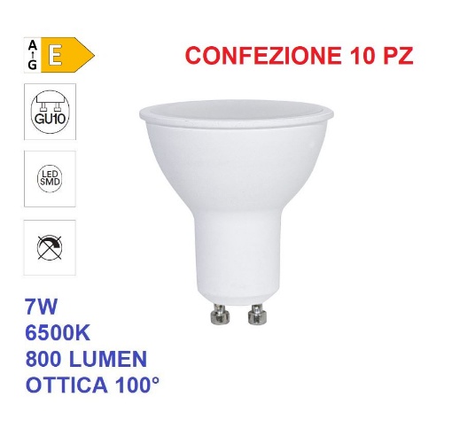 Immagine di Kit 10pz Lampadine GU10 LED 7W 6500k 800Lm Luce Bianca Fredda - Ottica 100