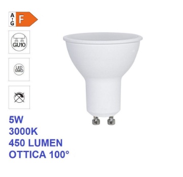 Immagine di Lampadina GU10 LED 5w 3000k Luce Calda 450 Lumen Ottica 100