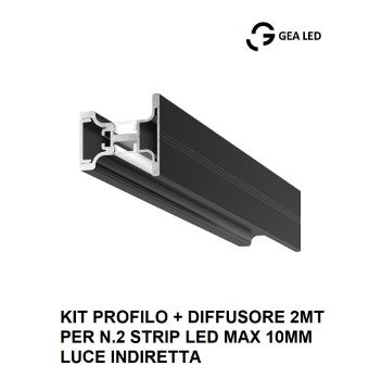 Immagine di Profilo 2 Metri Nero Per 2 Strip Led 10 mm Luce Indiretta Riga AF Gea Luce