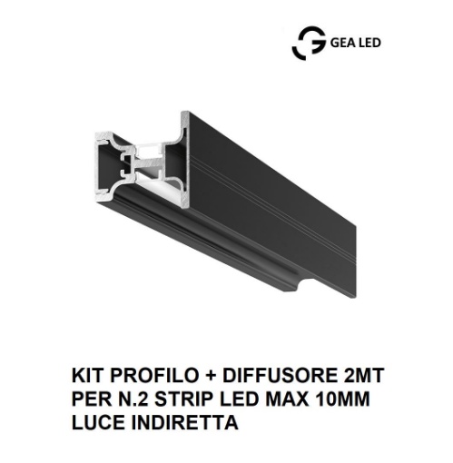Immagine di Profilo 2 Metri Nero Per 2 Strip Led 10 mm Luce Indiretta Riga AF Gea Luce