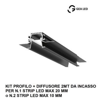Immagine di Profilo A Incasso Nero 2mt Diffusore Rientrato Per Strip Led 20 mm Liverpool RG Gea Luce