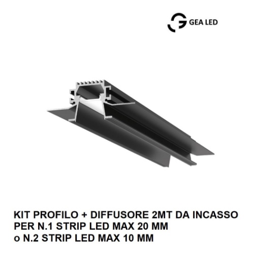 Immagine di Profilo A Incasso Nero 2mt Diffusore Rientrato Per Strip Led 20 mm Liverpool RG Gea Luce