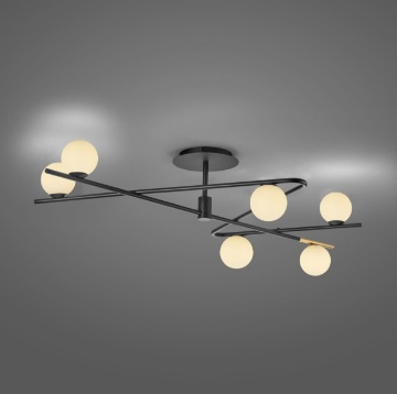 Immagine di Plafoniera Flaming Nero Oro Con Sfere Vetro Bianco Per Soggiorno Trio Lighting
