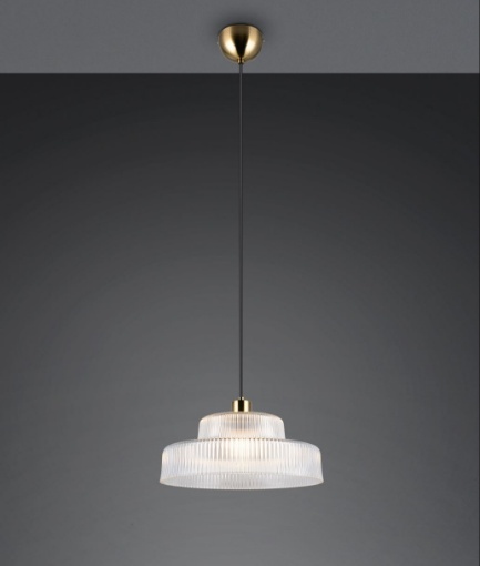 Immagine di Lampadario Ottone Rotondo Con Vetro Rigato Trasparente 35cm Abella Trio