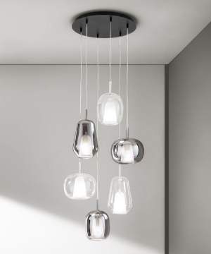Immagine di Lampadario Soggiorno Thelma Base Nera Con 6 Vetri Fume Trasparente Ondaluce