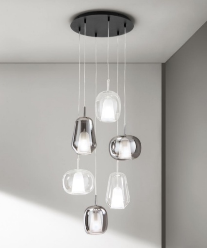 Immagine di Lampadario Soggiorno Thelma Base Nera Con 6 Vetri Fume Trasparente Ondaluce