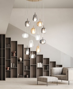 Immagine di Grande Lampadario A Cascata Vetri Multicolor Base Oro Thelma Ondaluce