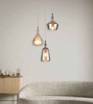 Immagine di Lampadario Rotondo Con Pendenti Vetro Ambra Cromo Aldea Trio