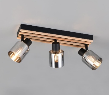 Immagine di Lampada Soffitto Barra Legno Con Tre Faretti Orientabili Vetro Fume Travia Trio
