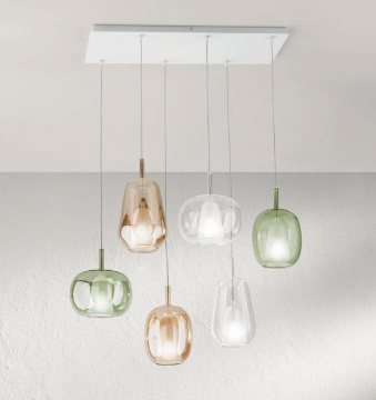 Immagine di Lampadario Thelma Rettangolare Bianco Con Vetri Multicolor Ondaluce