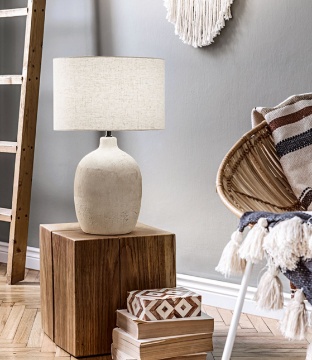 Immagine di Lampada Tavolo Vaso Ceramica Beige Con Paralume Avana Tribale Perenz