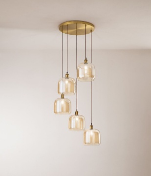 Immagine di Lampadario Soggiorno Ottone 5 Pendenti Bocce Vetro Ambra Anima Perenz
