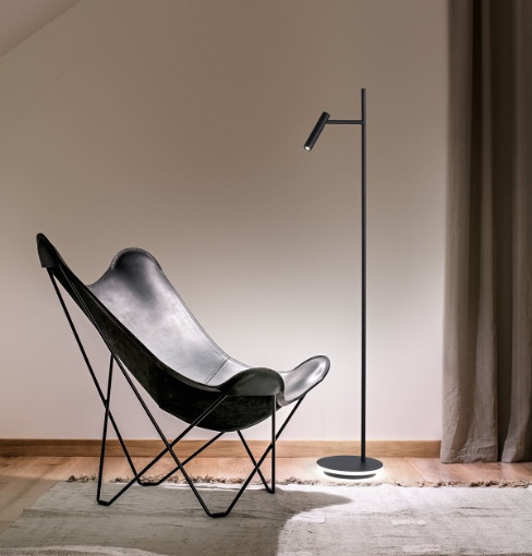 Immagine di Piantana Sottile Nera Con Faretto Led e Base Luminosa 3000k Gambo Perenz